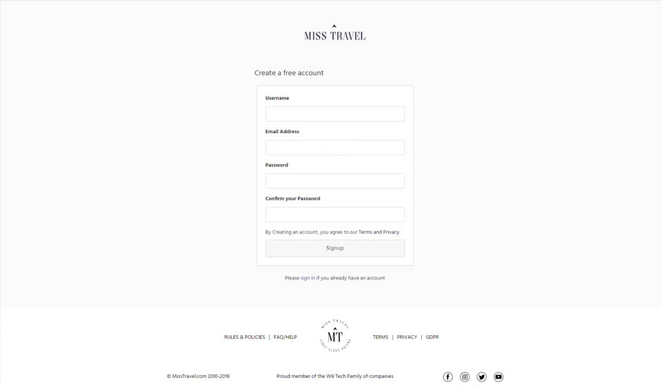 Miss Travel-aanmeldingsproces en gebruikersprofiel